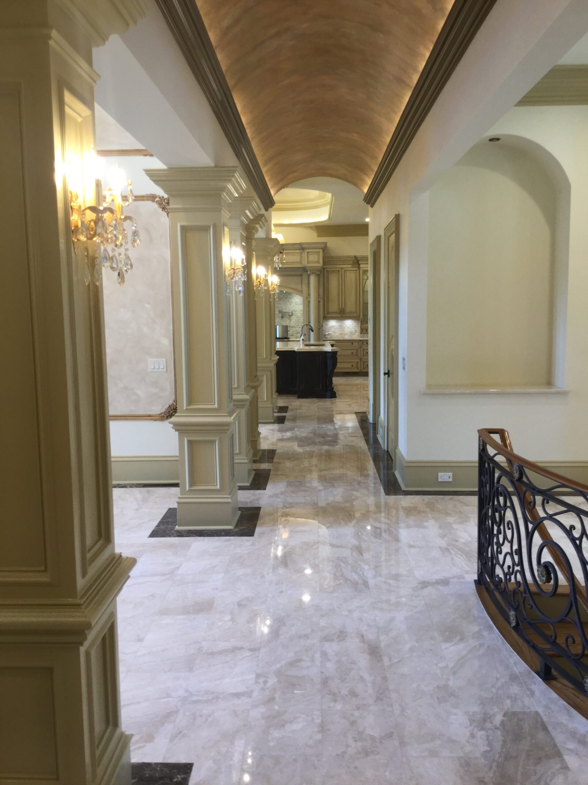 Classical interior architecture with marble floors and ornate millwork